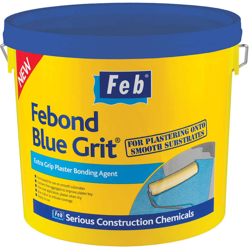If you're plastering, a good grip coat is essential and you won't go far wrong using this Febond blue grit plaster bonding agent.